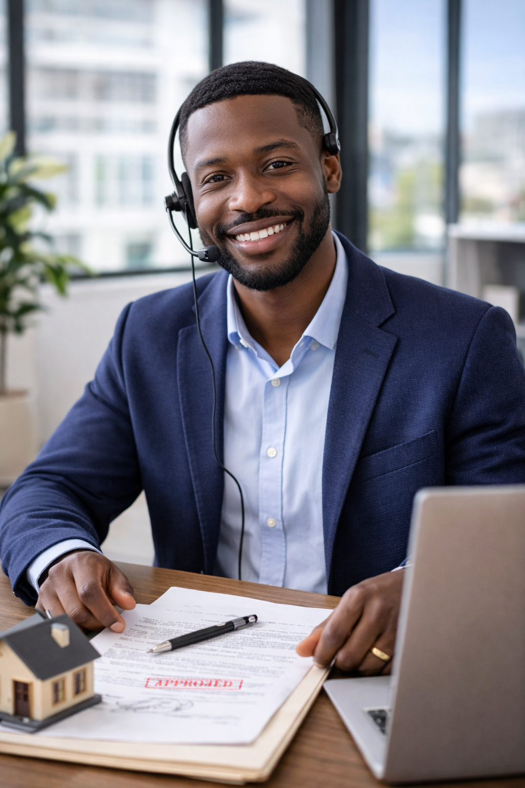 Friendly professional real estate customer service representative smiling in a modern office